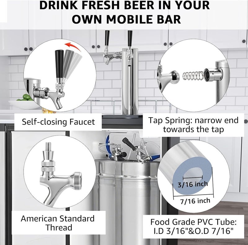 WELLBOM Dual Tap Kegerator Tower Beer Tap Tower 3" Draft Beer Tower Dispenser Keg Tower Beer Faucet Self-Closing Beer Tap Stainless Steel Kegerator Tap Tower Kit with Pre-Assembled Kegerator Line - Image 4
